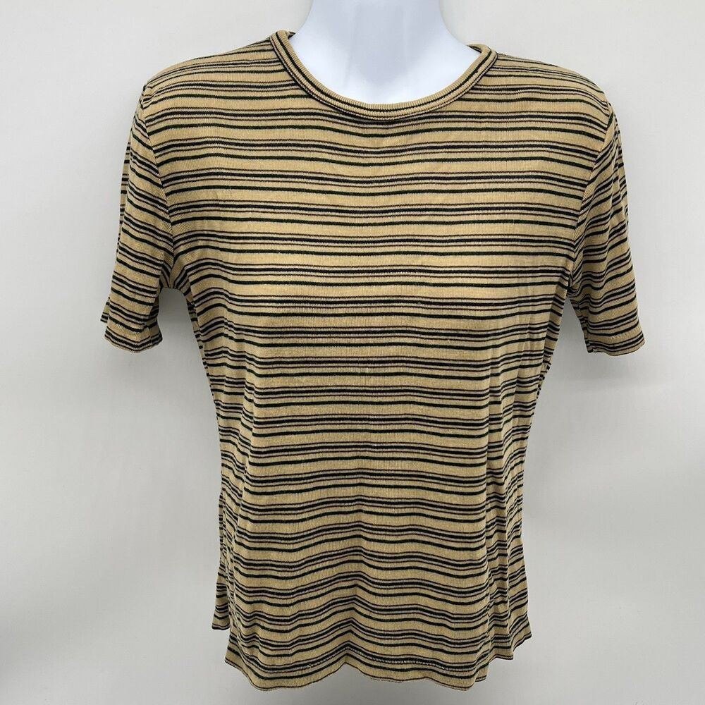 VTG 1970s Fine Knit Acrylic Tan/Black Horizontal Striped Crewneck Sweater-L